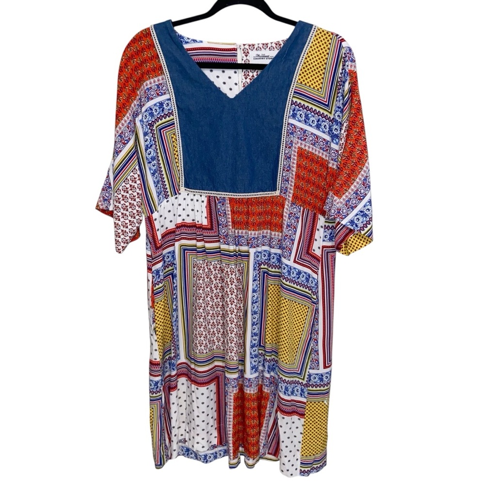 Vermont Country Store Dress Womens Medium Patchwork Pockets Denim Boho Hippie